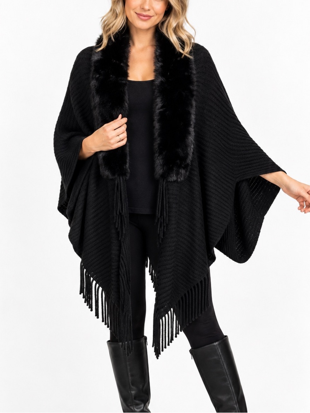 Crosstree Lane Black Faux Fur Collar Knit Poncho Cape Fringe One Size
